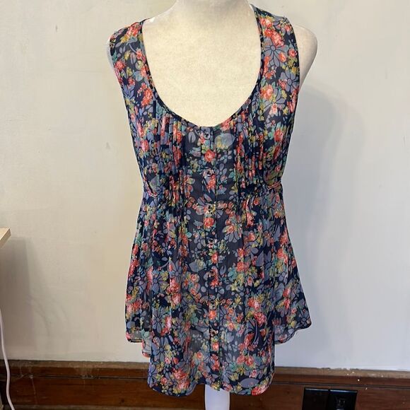 American Rag navy floral sheer button front sleeveless blouse Size S - Picture 1 of 8